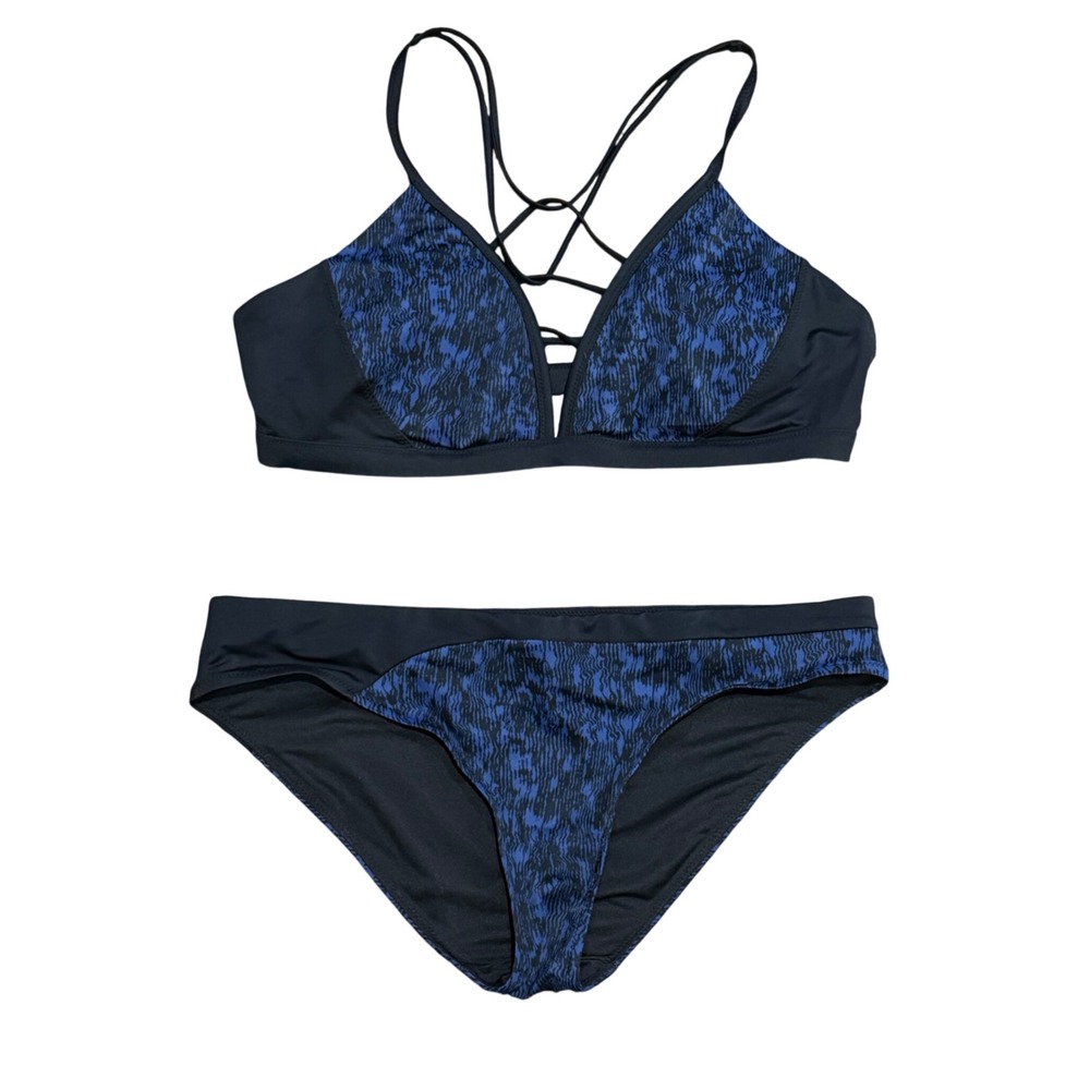 Athleta Blue Black Strappy Lattice Bikini Set Top L Bottom M Swimsuit 2 Piece